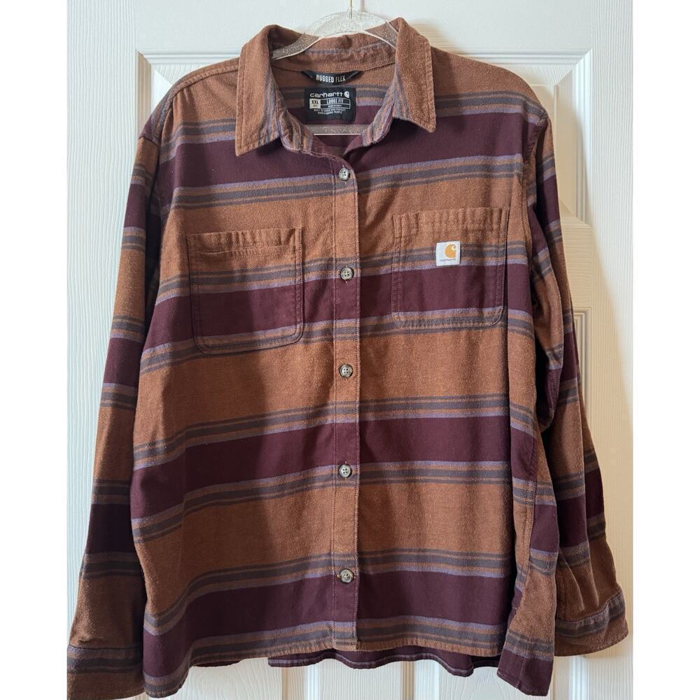 Carhartt Women’s Rugged Flex Loose Fit Flannel Shirt Brown Maroon Stripe Sz XXL